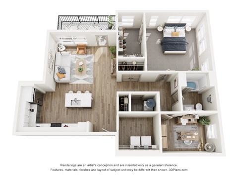 A 3D floor plan of a house with a kitchen, living room, and two bedrooms.